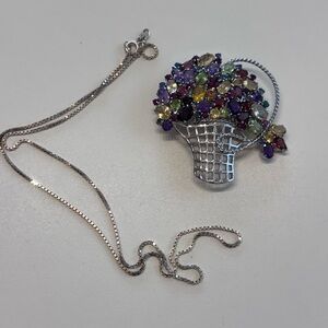 925 Multi Colored Gemstone Basket of Flowers Pendant/Brooch